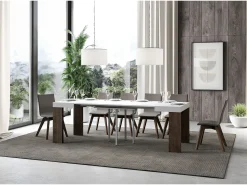 Mesa extensible cuadrada pequeña en madera blanca y nogal de 90 a 246 cm Ribo