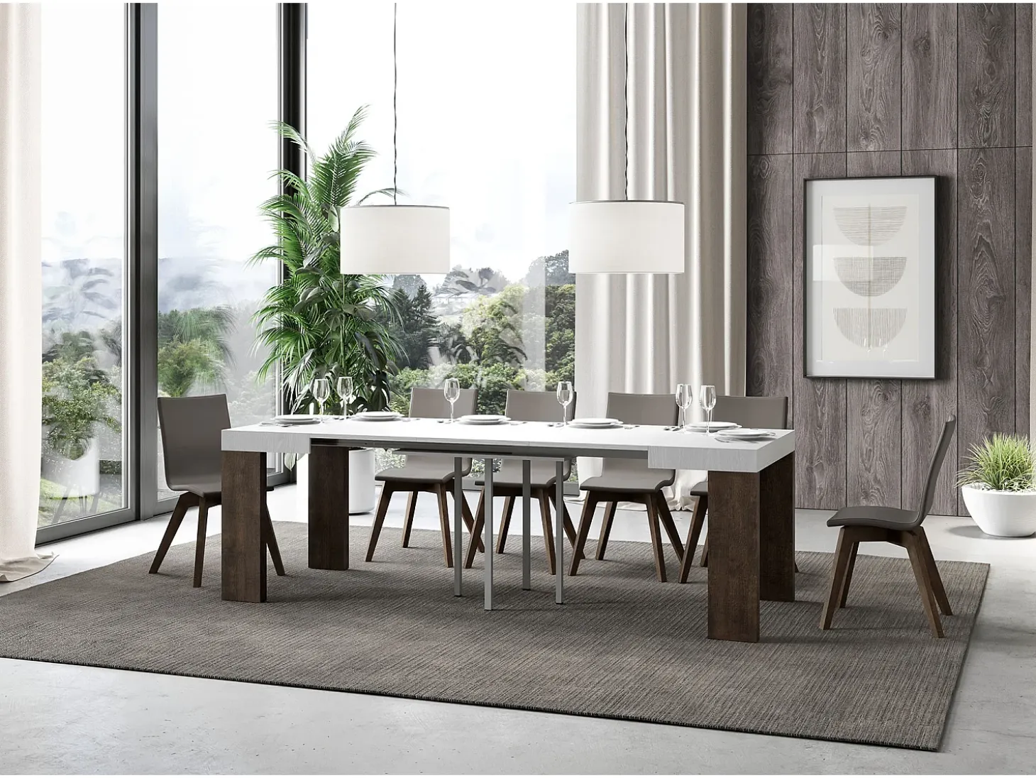 Mesa extensible cuadrada pequeña en madera blanca y nogal de 90 a 246 cm Ribo