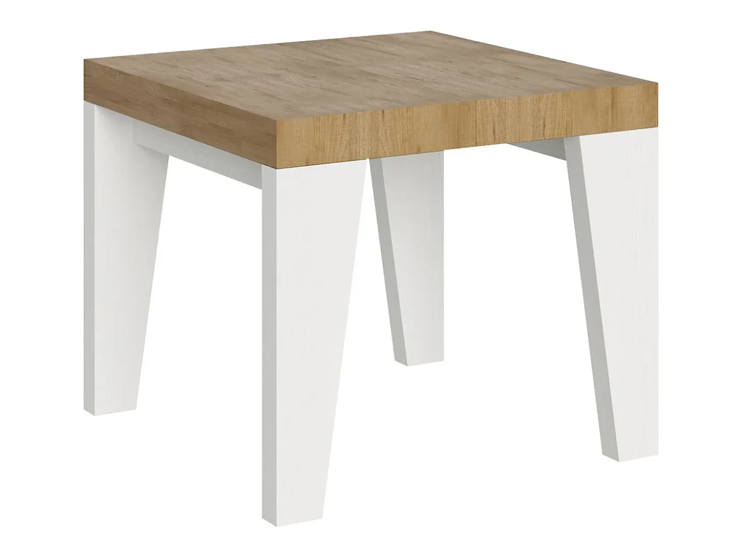 Mesa extensible cuadrada pequeña en madera blanca y roble natural de 90 a 246 cm Nako-Soporte 2 pies