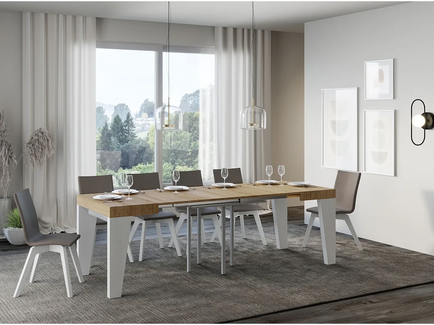 Mesa extensible cuadrada pequeña en madera blanca y roble natural de 90 a 246 cm Nako-Soporte 2 pies