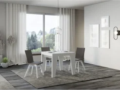 Mesa extensible cuadrada pequeña 90x90/246 cm Naxo-Color Blanco-Soporte 2 pies-3 alargaderas gruesas