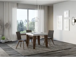 Mesa extensible cuadrada pequeña en madera blanca y nogal de 90 a 246 cm Naxo-Soporte 2 pies