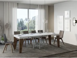 Mesa extensible cuadrada pequeña en madera blanca y nogal de 90 a 246 cm Naxo-Soporte 2 pies