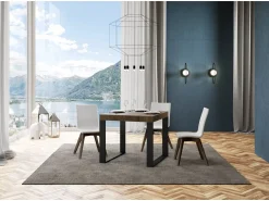 Mesa extensible cuadrada pequeña 90x90/246 cm Tiroz-Color Marrón-Base y soporte con ruedas-3 alargaderas finas