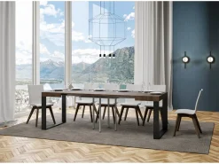Mesa extensible cuadrada pequeña 90x90/246 cm Tiroz-Color Natural-Soporte 4 pies-3 alargaderas gruesas