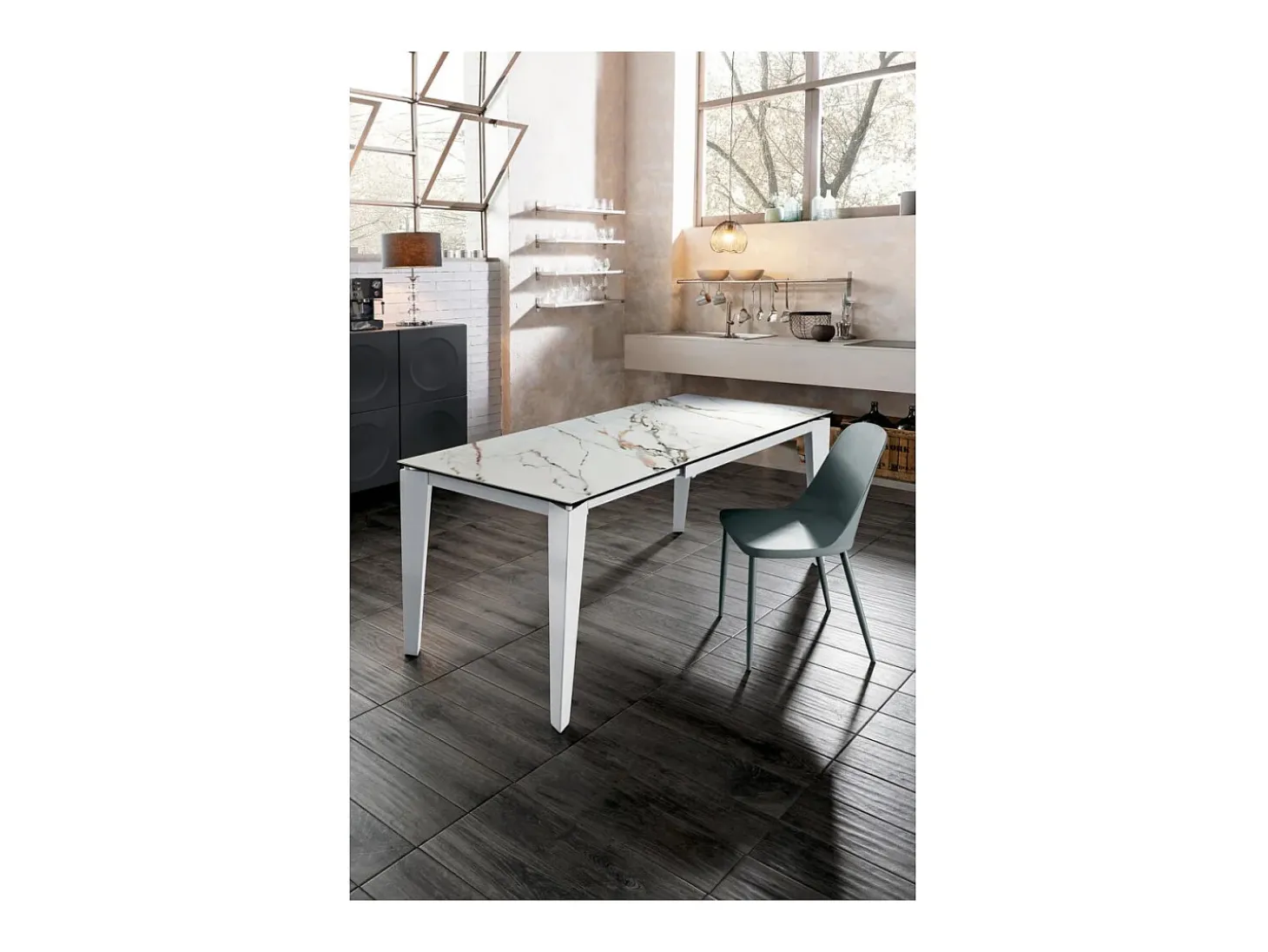 Mesa extensible de 120cm a 170cm moderna encimera de cerámica sobre cristal templado mármol Calacatta Borghini