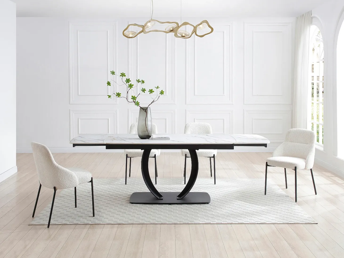 Mesa extensible de comedor en cerámica y metal negro - Efecto mármol blanco - OLIFIA