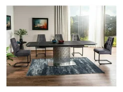 Mesa extensible de diseño con aspecto de mármol negro y pata central de acero inoxidable Eglantine