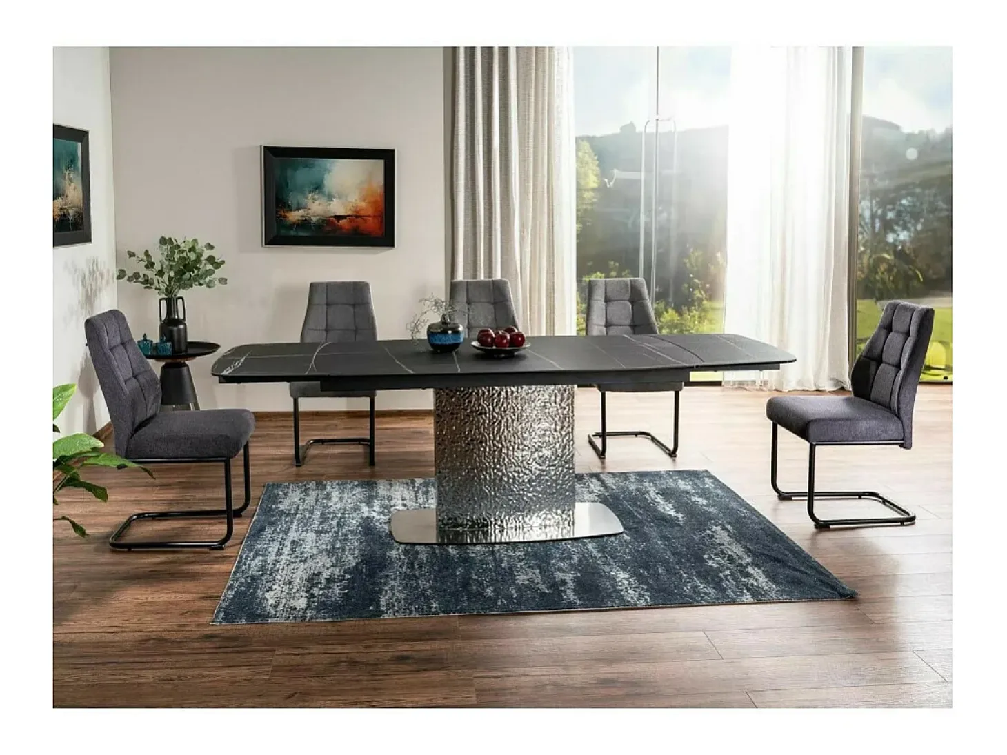 Mesa extensible de diseño con aspecto de mármol negro y pata central de acero inoxidable Eglantine