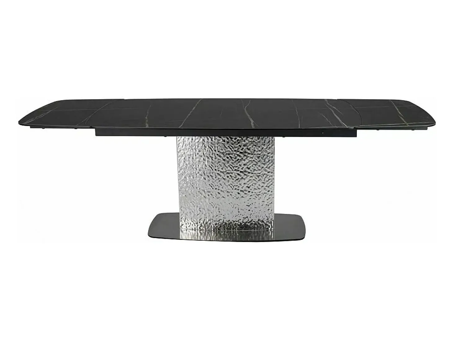 Mesa extensible de diseño con aspecto de mármol negro y pata central de acero inoxidable Eglantine