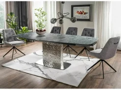 Mesa extensible de diseño con aspecto de mármol verde y pata central de acero inoxidable Eglantine