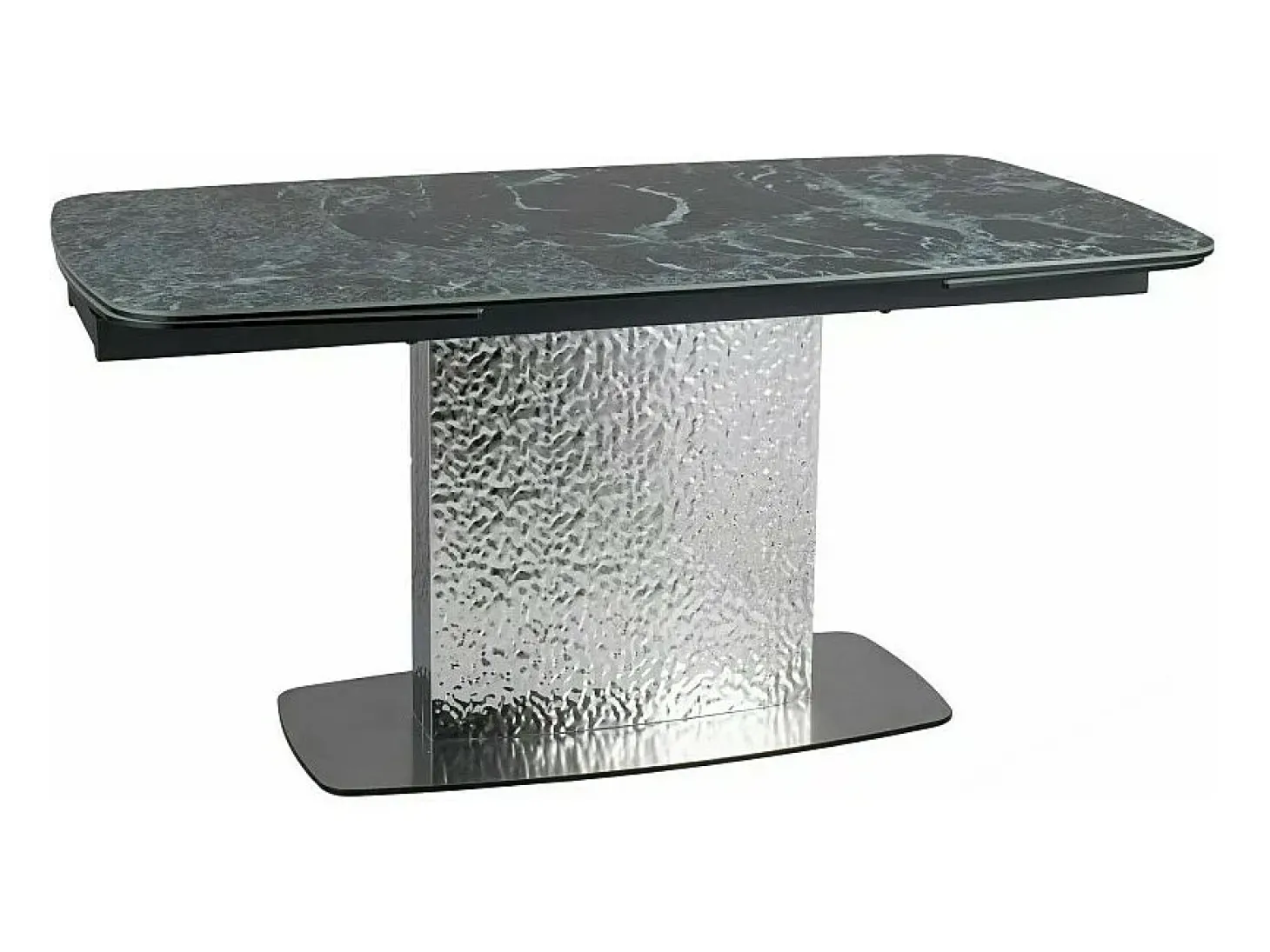 Mesa extensible de diseño con aspecto de mármol verde y pata central de acero inoxidable Eglantine