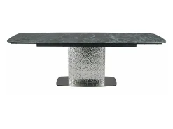 Mesa extensible de diseño con aspecto de mármol verde y pata central de acero inoxidable Eglantine