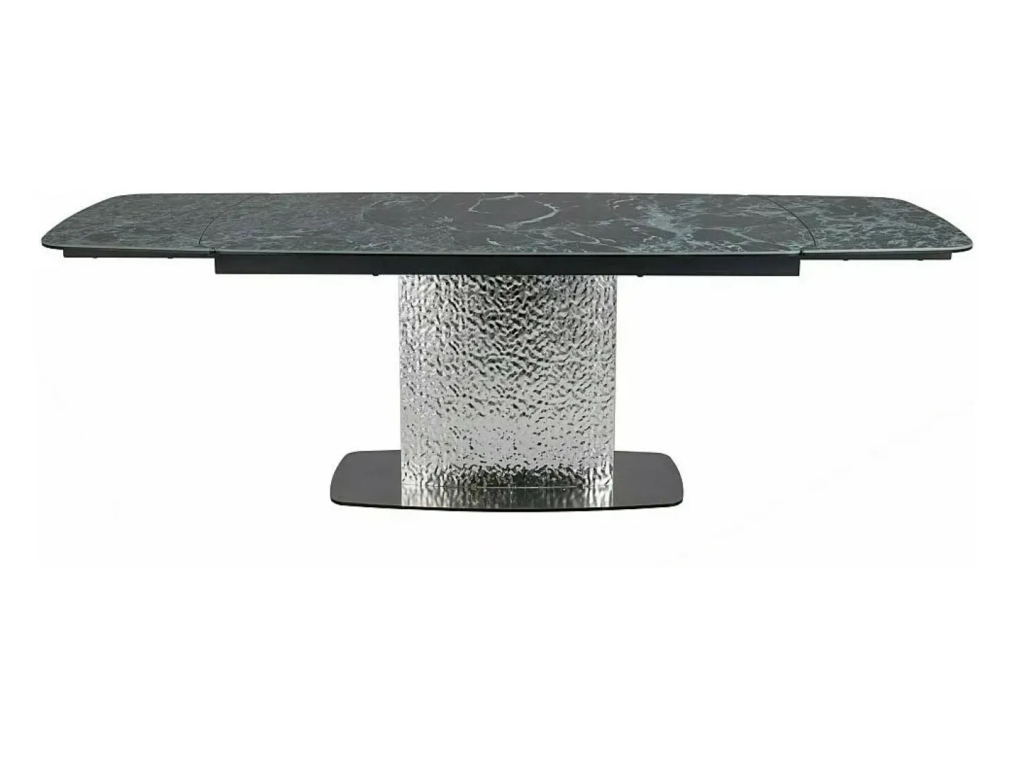 Mesa extensible de diseño con aspecto de mármol verde y pata central de acero inoxidable Eglantine