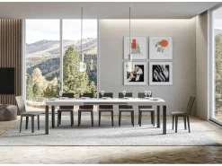 Mesa extensible de madera con 4 patas de madera y acero antracita Liva-Color Blanco-Soporte 4 pies-Ancho extensible