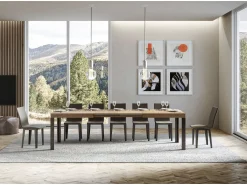 Mesa extensible de madera con 4 patas de madera y acero antracita Liva-Color Natural-Soporte 4 pies-Ancho extensible