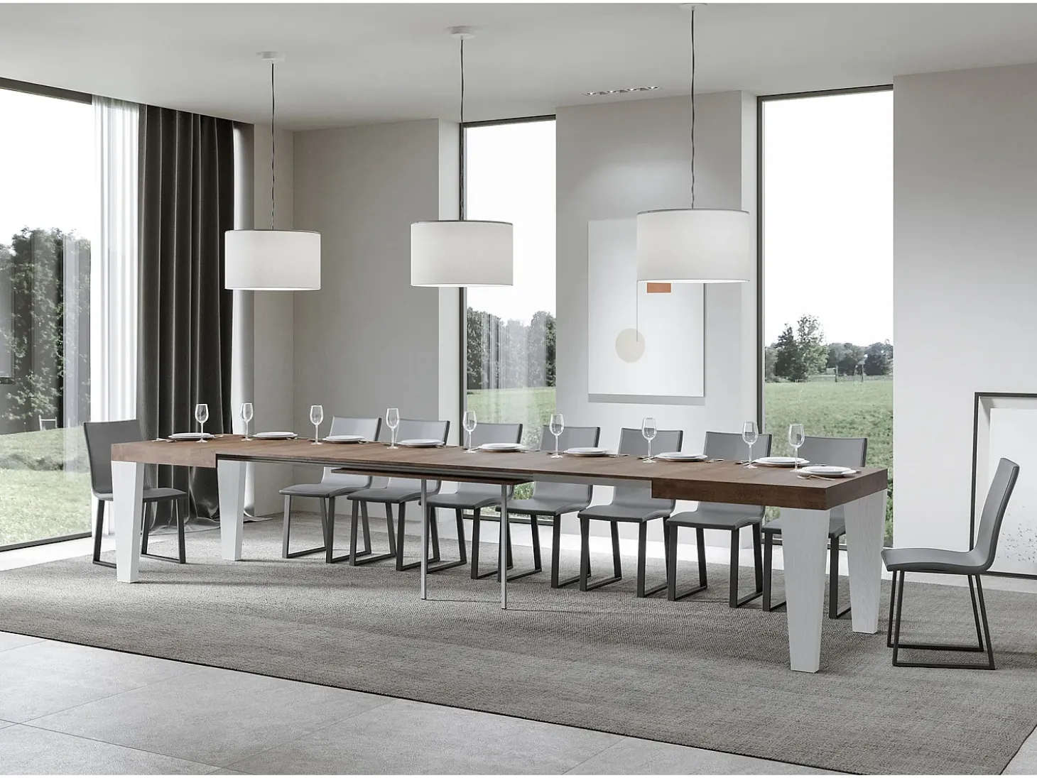 Mesa extensible de madera de nogal y patas de madera blanca de 6 a 20 plazas Kristo de 180 a 440 cm-Soporte 2 pies