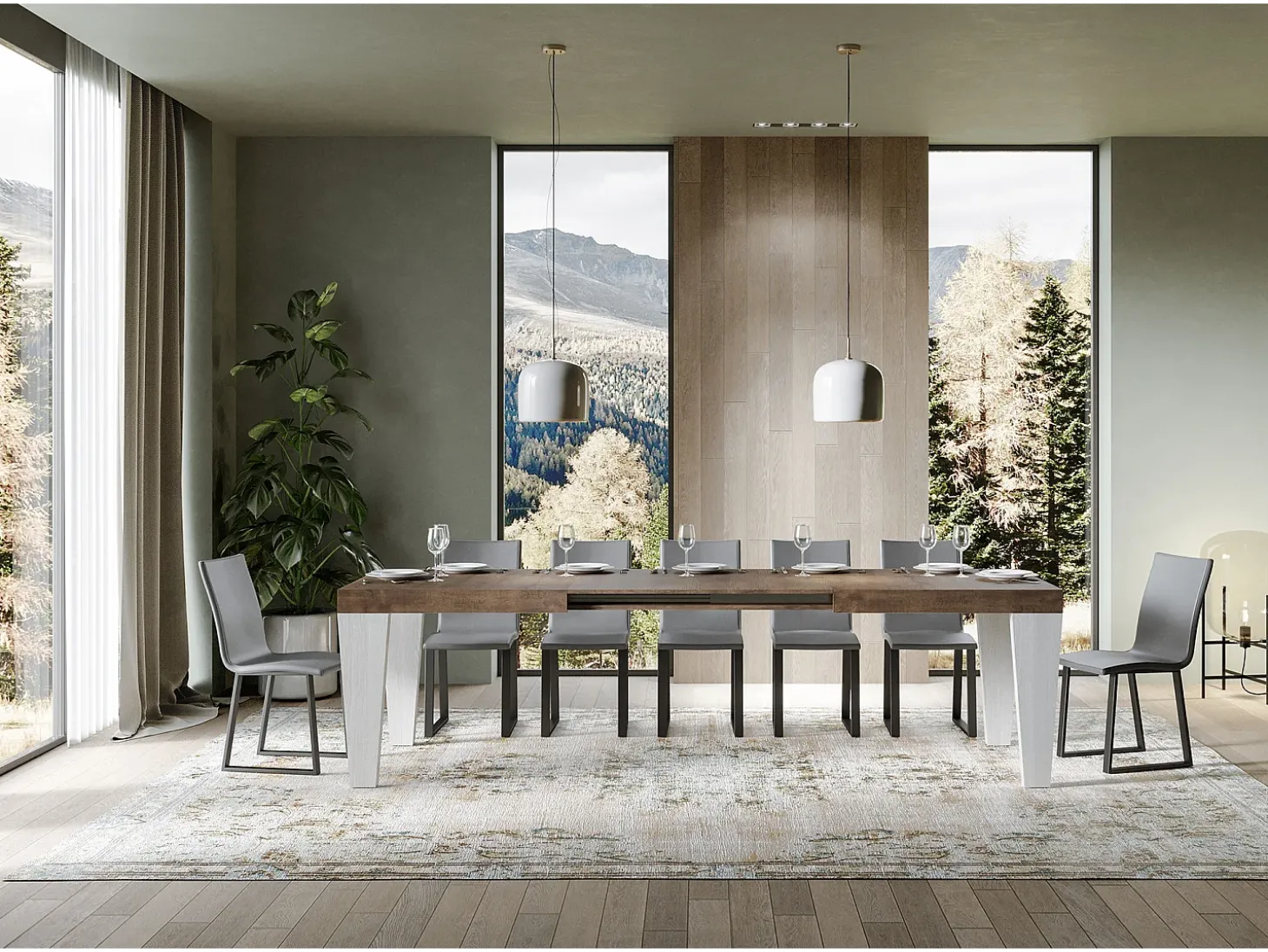 Mesa extensible de madera de nogal y patas de madera blanca de 6 a 20 plazas Kristo de 180 a 440 cm-Soporte 2 pies