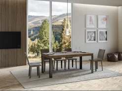 Mesa extensible de madera con 4 patas de madera y acero antracita Liva-Color Marrón-Soporte 4 pies-Ancho extensible