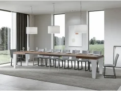Mesa extensible de madera de nogal y patas de madera blanca de 6 a 20 plazas Kristo de 160 a 420 cm-Soporte 4 pies