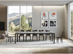 Mesa extensible de madera con 4 patas de madera y acero antracita Liva-Color Gris cemento-Base y soporte con ruedas-Ancho extensible