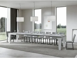 Mesa extensible gris hormigón y patas de madera blanca de 6 a 20 plazas Kristo de 180 a 440 cm-Base y soporte con ruedas