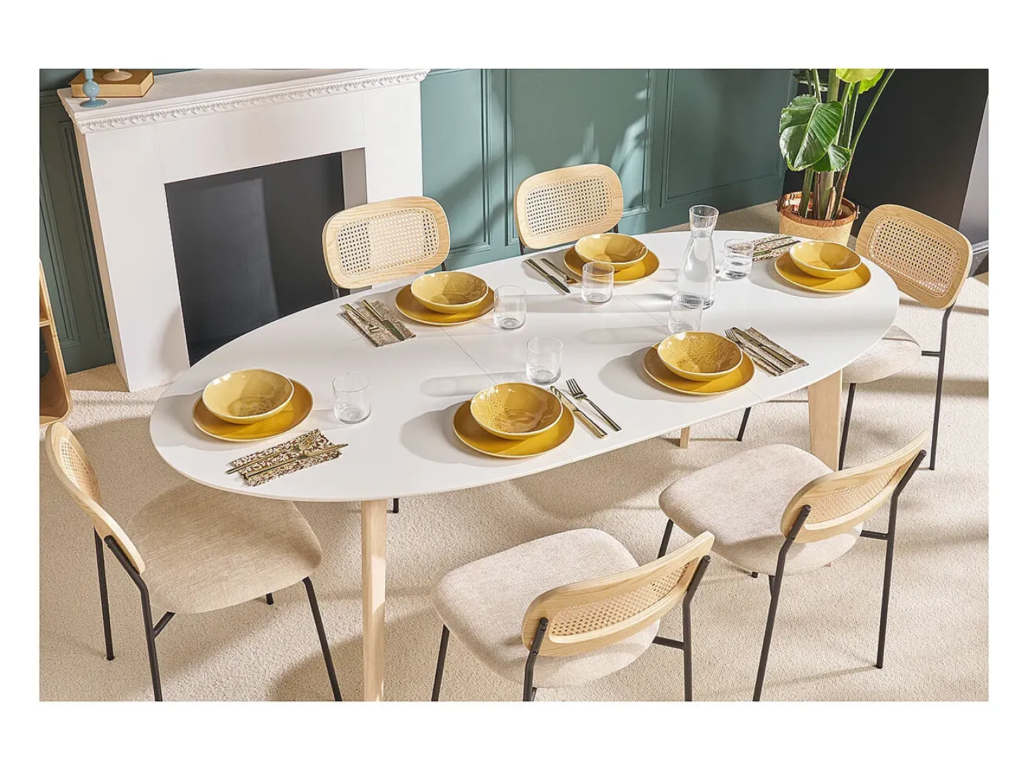 Mesa extensible oval blanca y madera clara L150-200 LEENA