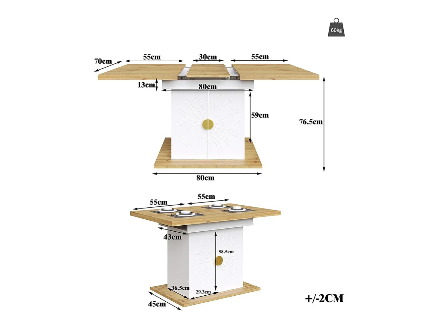 Mesa extensible para el comedor, la cocina y el salón, 110 (140) x 70 x 76 cm, chapa de madera con relieve, blanco