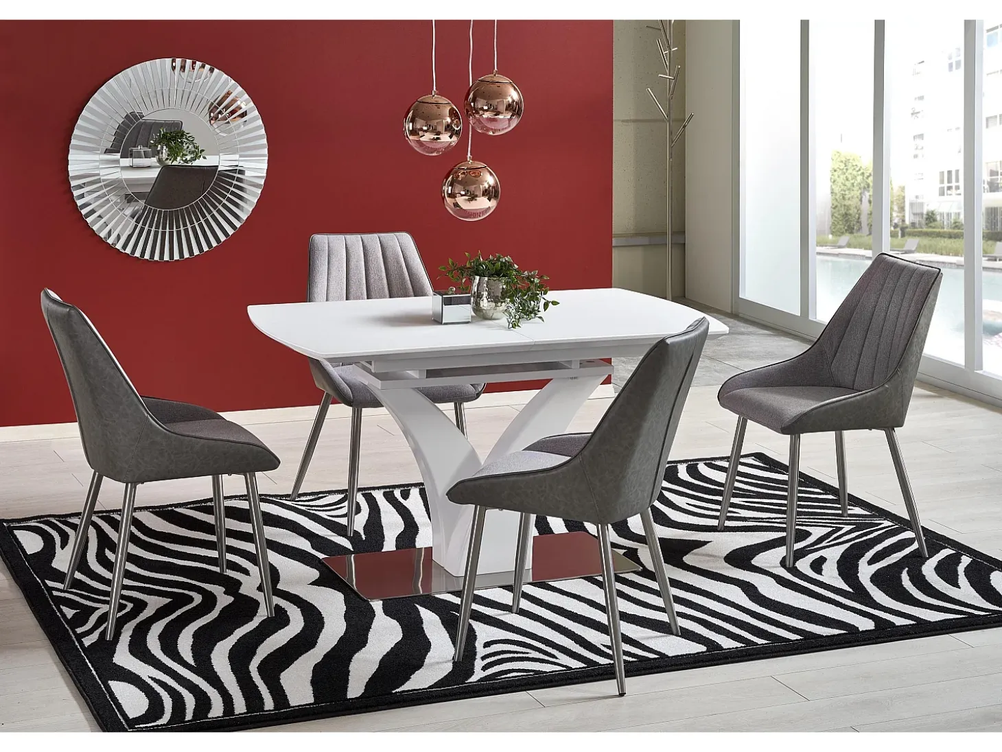 Mesa extensible rectangular blanca mate con pata central, diseño Sparte