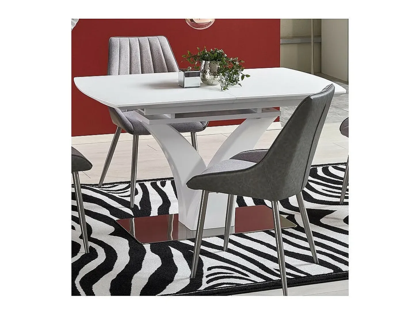 Mesa extensible rectangular blanca mate con pata central, diseño Sparte
