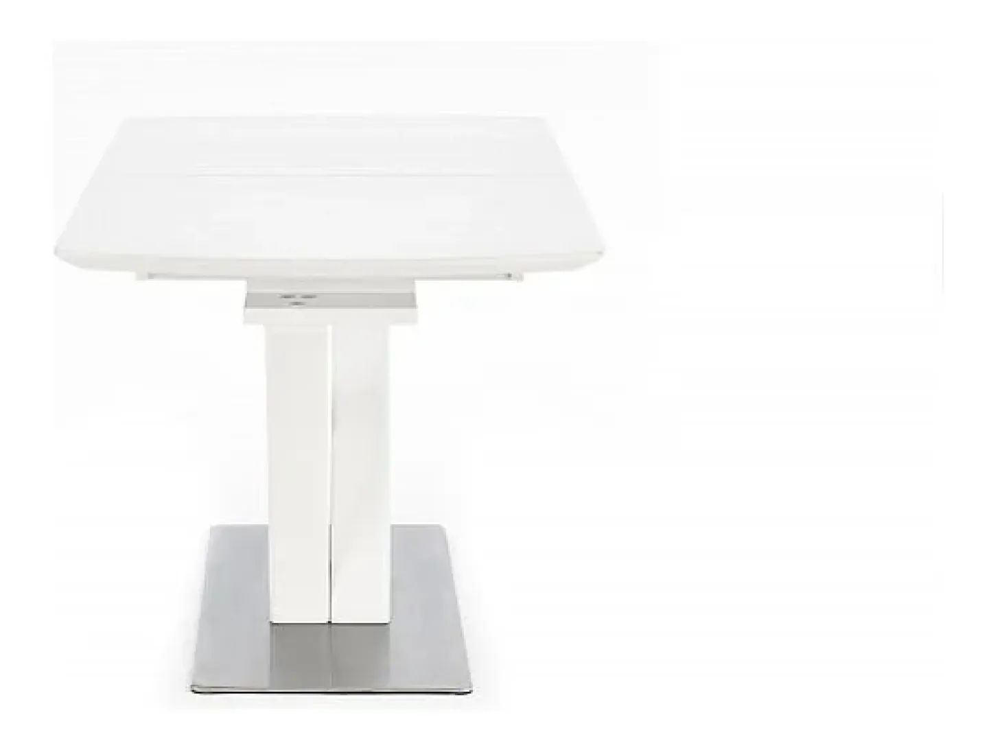 Mesa extensible rectangular blanca mate con pata central, diseño Sparte