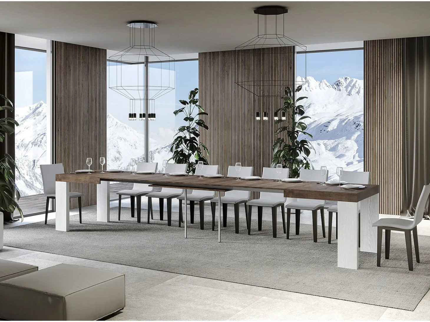 Mesa extensible rectangular en madera de nogal y blanco de 180 a 440 cm Ribo-Soporte 2 pies