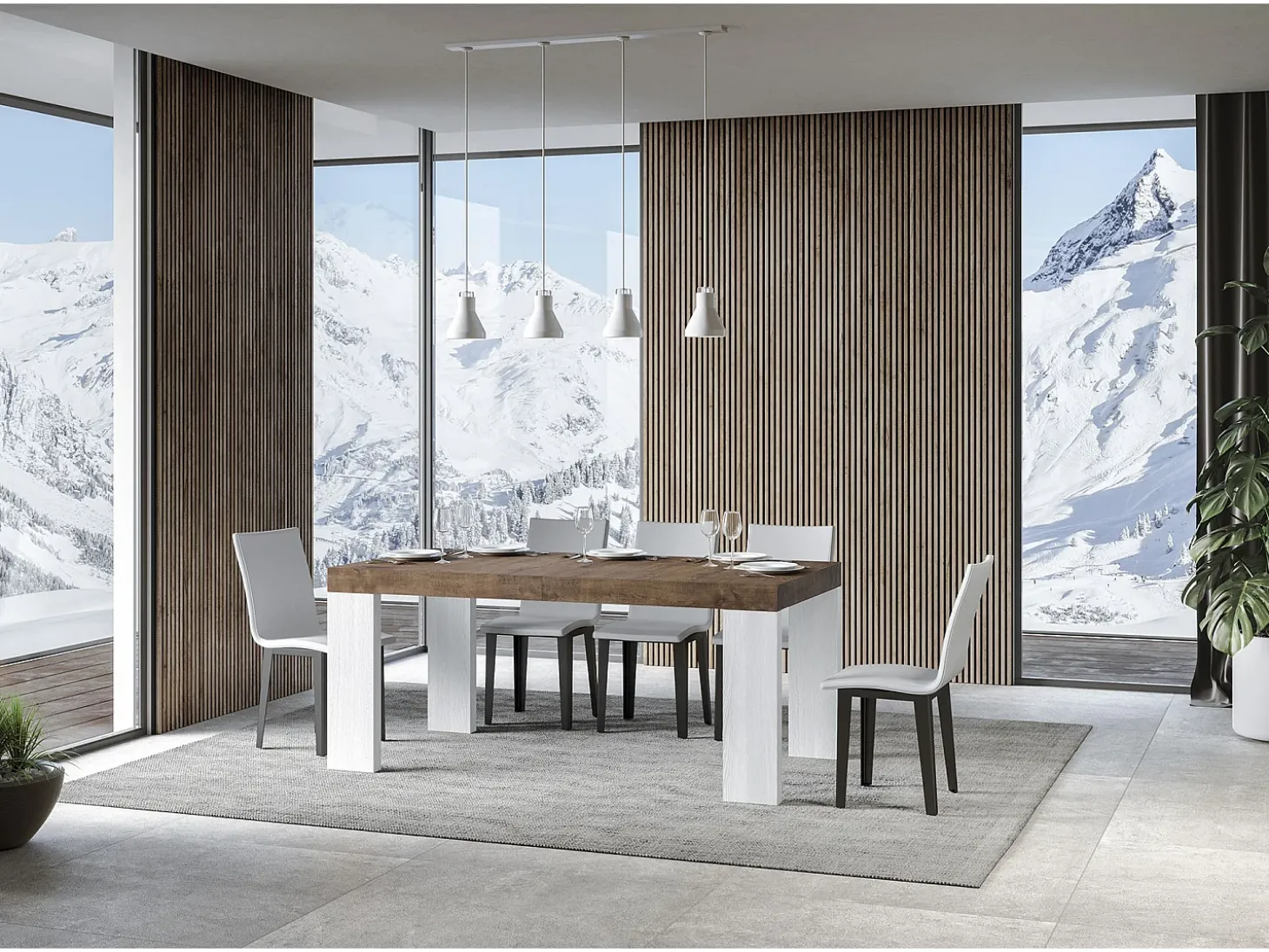 Mesa extensible rectangular en madera de nogal y blanco de 180 a 440 cm Ribo-Soporte 2 pies