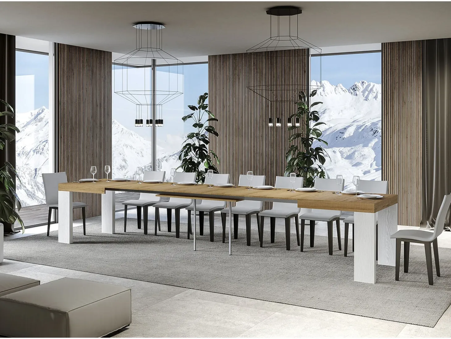 Mesa extensible rectangular en madera natural y blanca de 160 a 420 cm Ribo-Soporte 2 pies