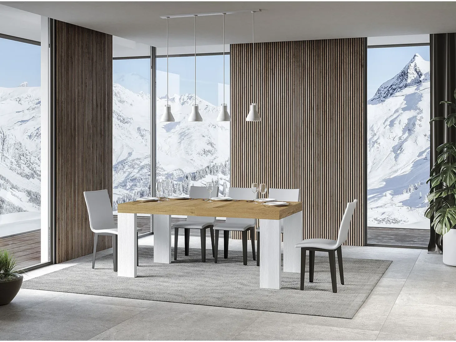 Mesa extensible rectangular en madera natural y blanca de 160 a 420 cm Ribo-Soporte 2 pies