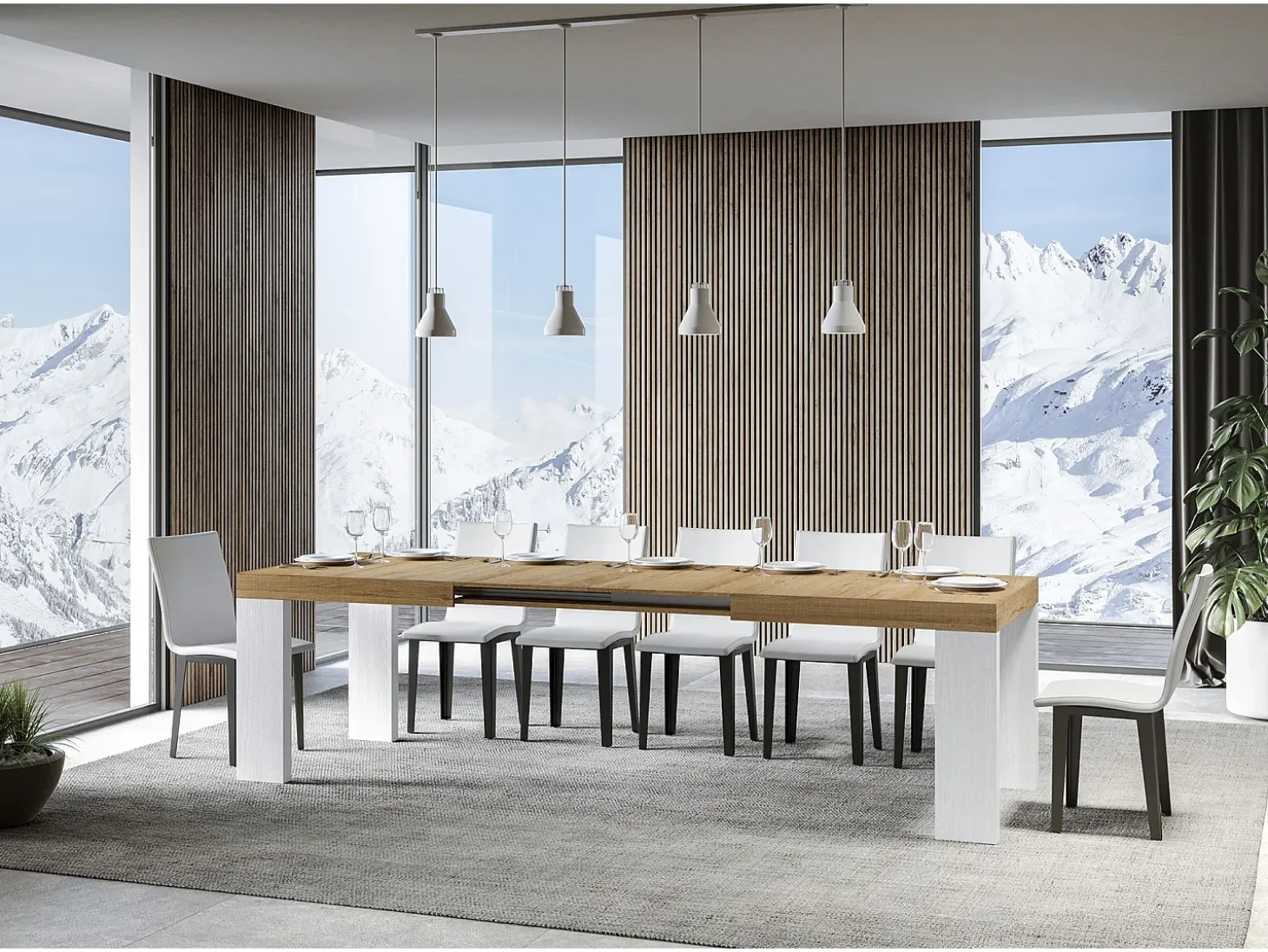 Mesa extensible rectangular en madera natural y blanca de 160 a 420 cm Ribo-Soporte 2 pies