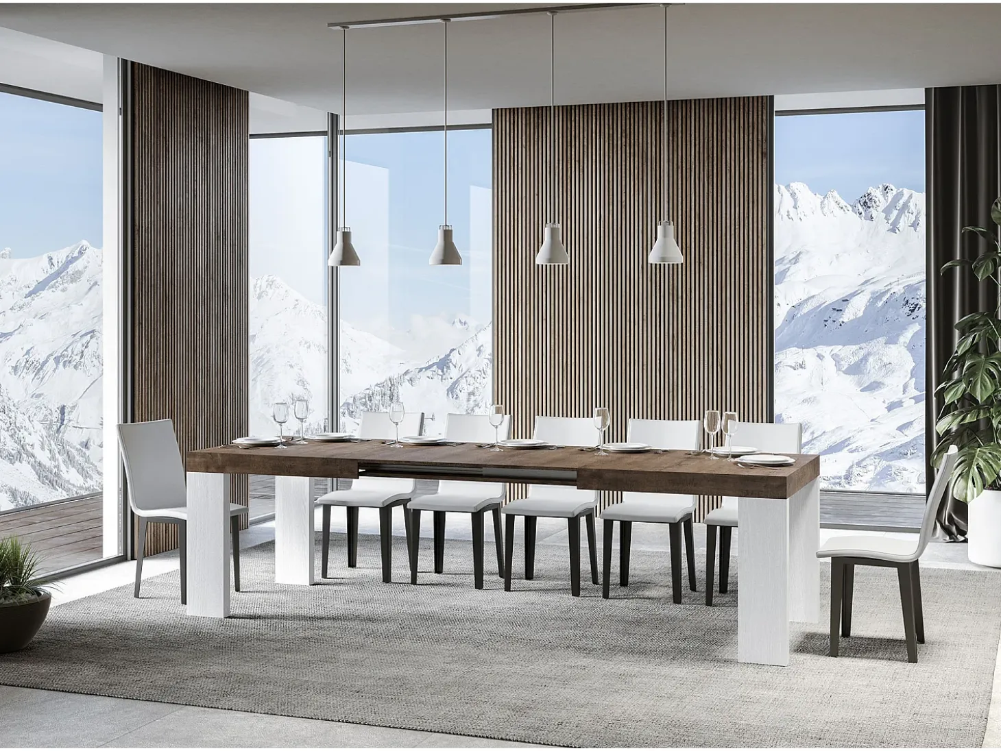 Mesa extensible rectangular en madera de nogal y blanco de 160 a 420 cm Ribo-Soporte 2 pies