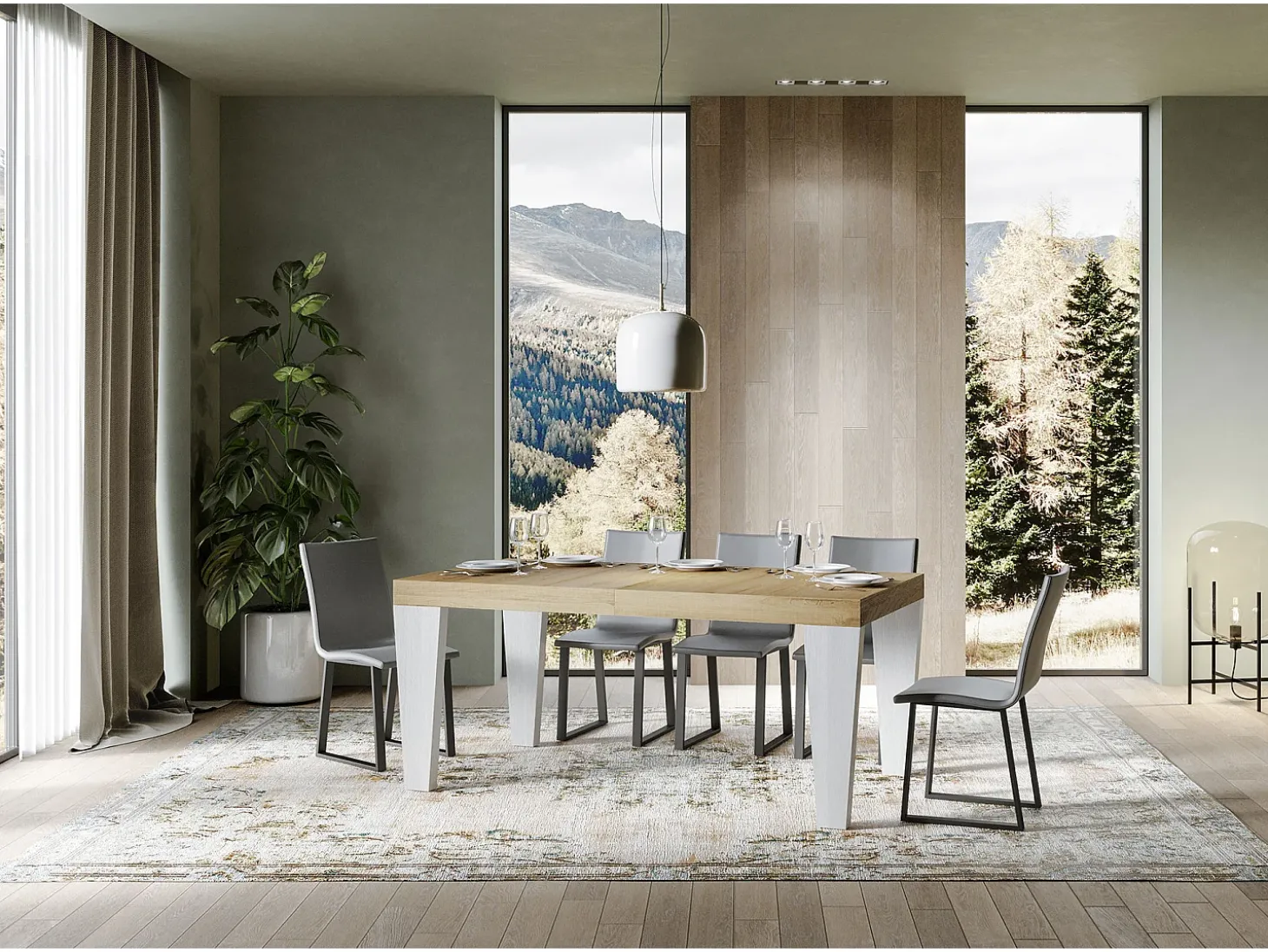 Mesa extensible roble natural y patas madera blanca 6 a 20 plazas Kristo 160 a 420 cm-Soporte 2 pies