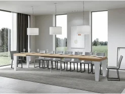 Mesa extensible roble natural y patas madera blanca 6 a 20 plazas Kristo 160 a 420 cm-Soporte 2 pies