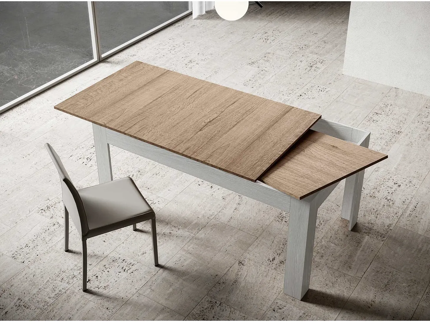Mesa extensible 90x120/180 cm Bibi Mix tapa Roble Natural patas Fresno Blanco