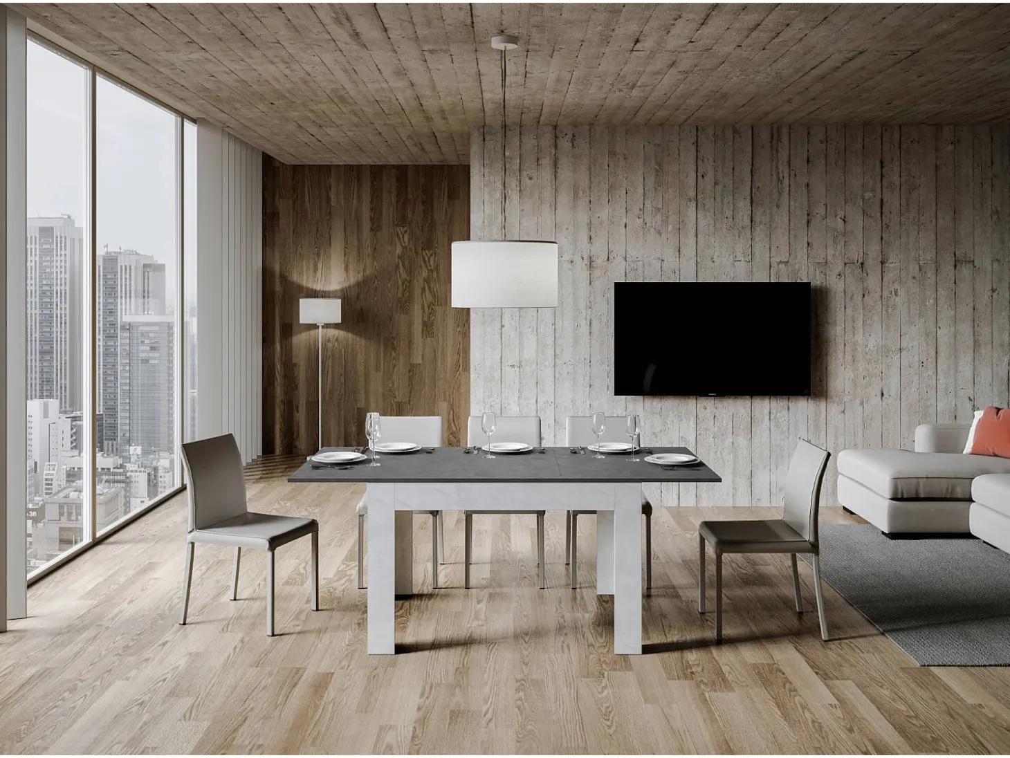 Mesa extensible 90x120/180 cm Bibi Mix tapa Antracita Espatulado patas Blanco Espatulado