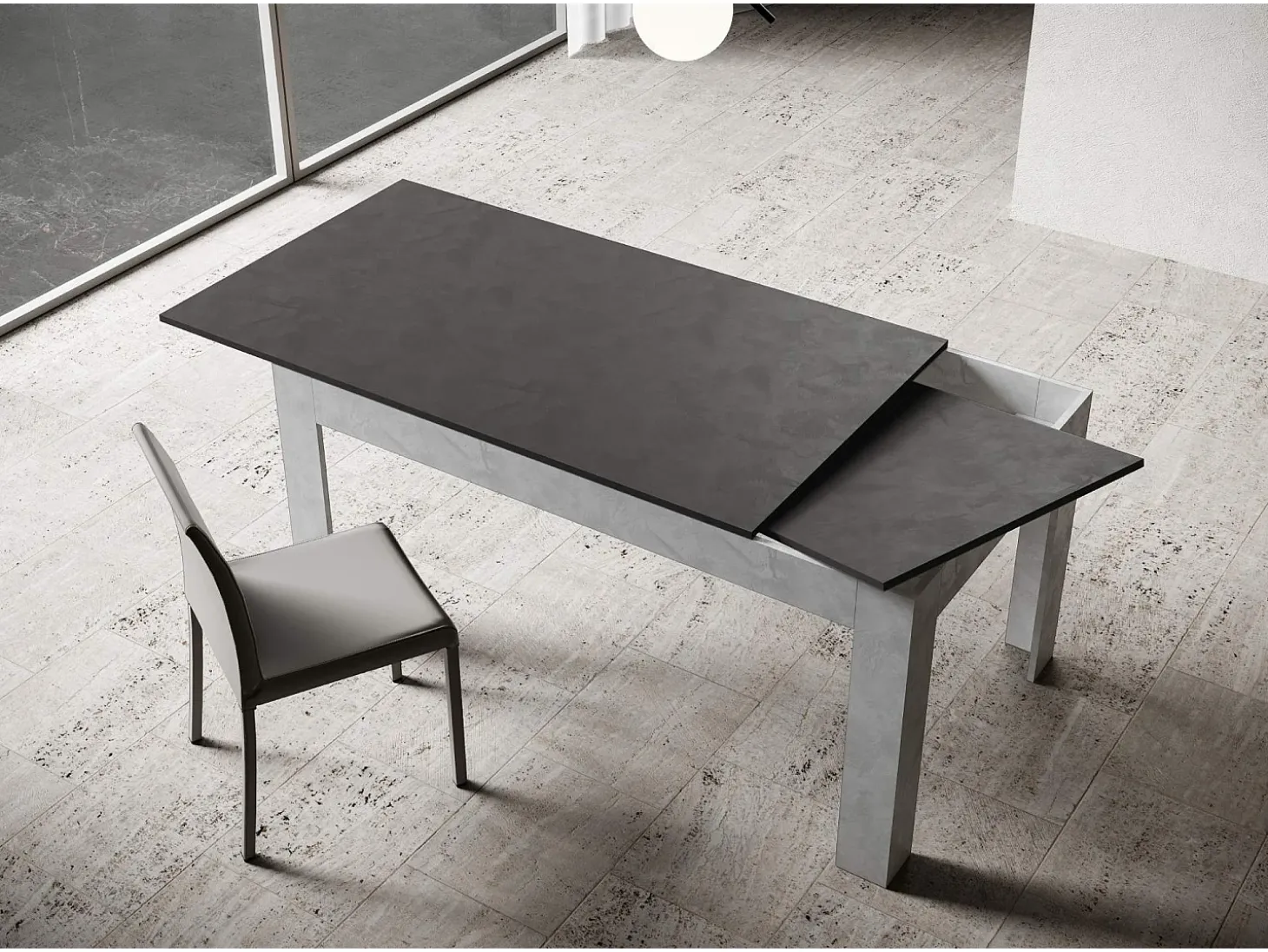 Mesa extensible 90x120/180 cm Bibi Mix tapa Antracita Espatulado patas Blanco Espatulado
