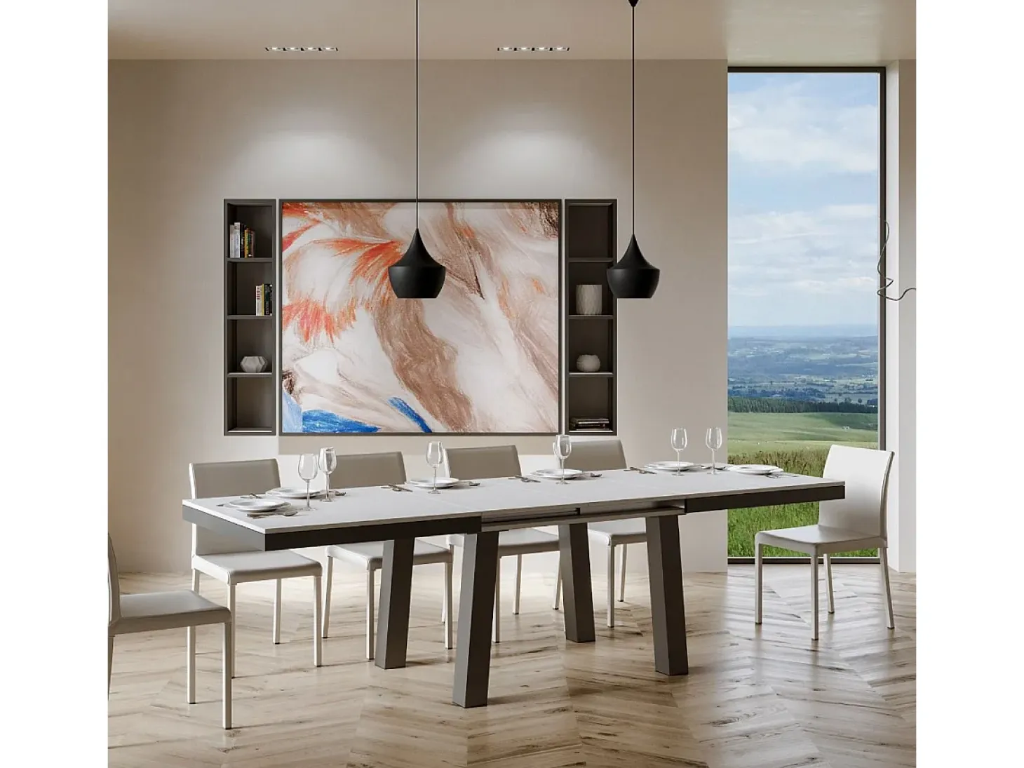 Mesa extensible 90x180/284 cm Bridge Evolution Fresno Blanco estructura Antracita
