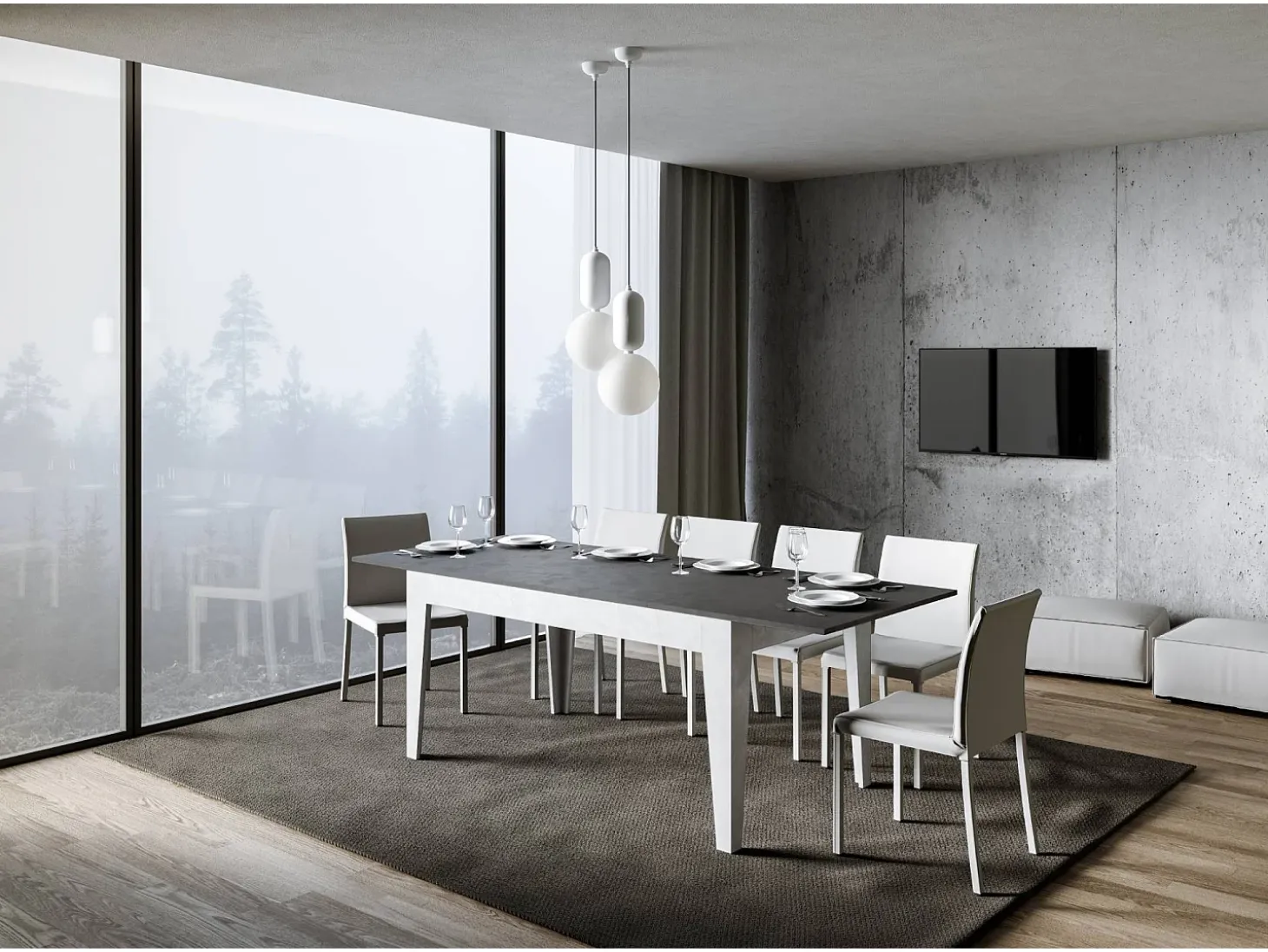 Mesa extensible 90x160/220 cm Cico Mix tapa Antracita Espatulado patas Blanco Espatulado