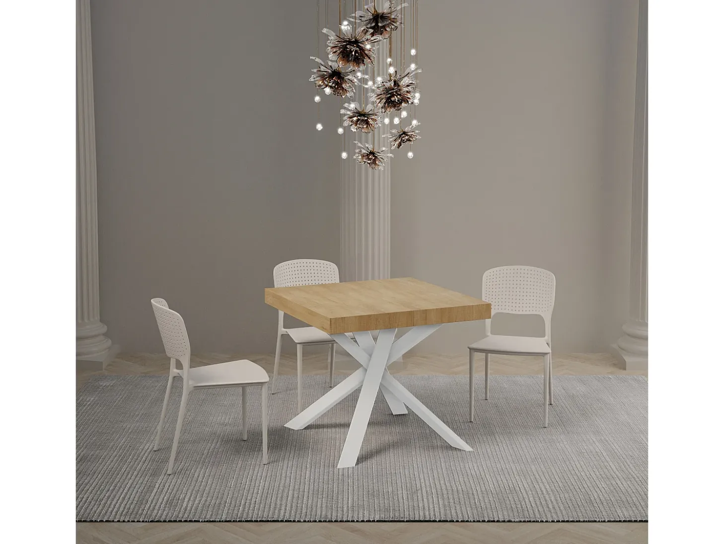 Mesa extensible 90/194x90 cm Clerk Premium roble natural patas blancas