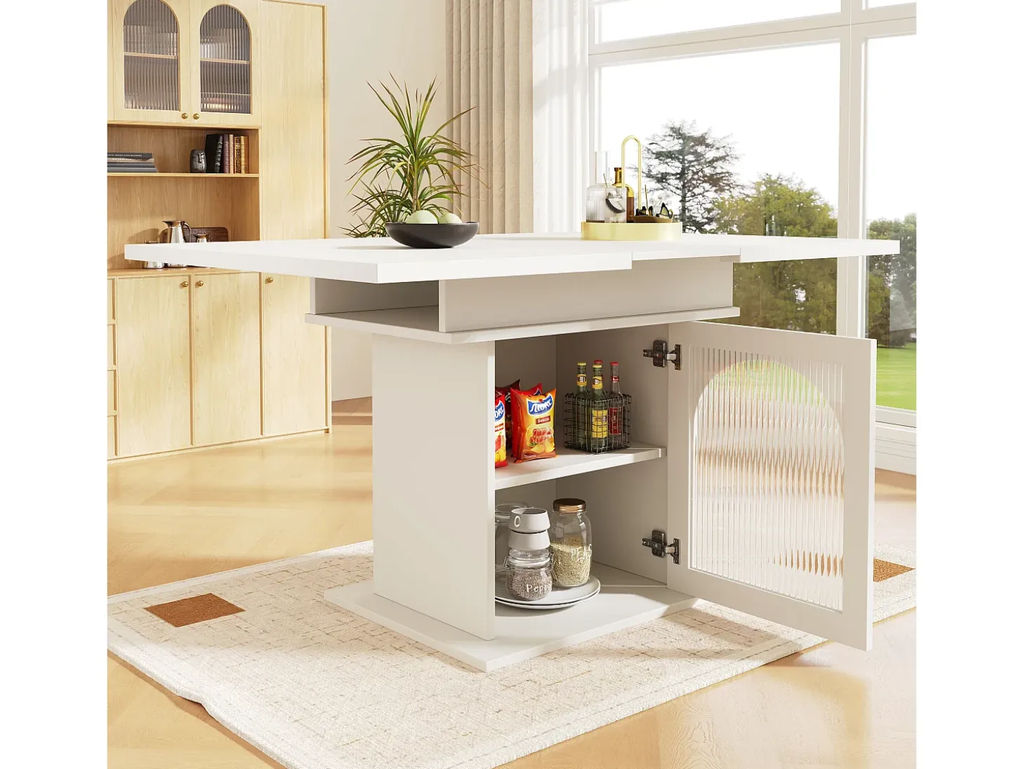 Mesa extensible (140x80 cm), con estantes de almacenaje, mesa de comedor moderna, extensible, para cocina y salón, color blanco (119-158,5x80x75 cm)