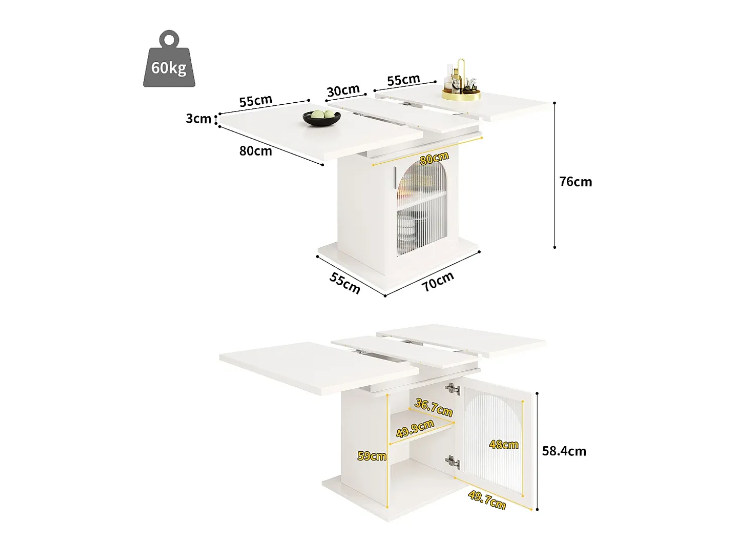 Mesa extensible (140x80 cm), con estantes de almacenaje, mesa de comedor moderna, extensible, para cocina y salón, color blanco (119-158,5x80x75 cm)