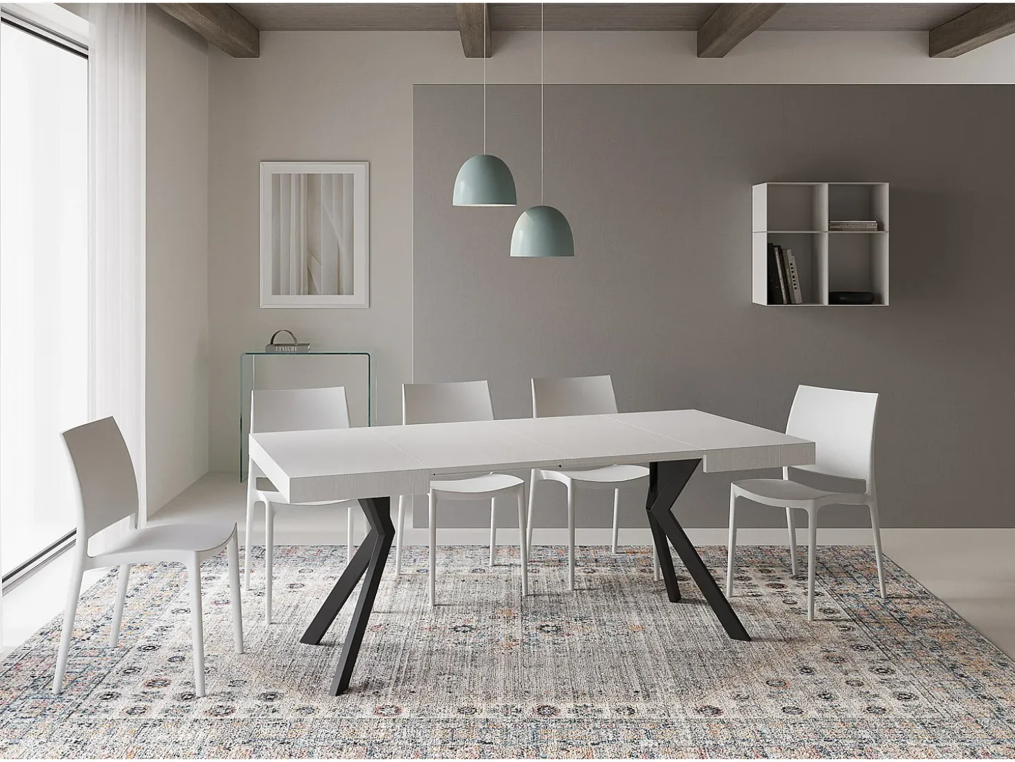 Mesa extensible 90/194x90 cm Dolcezza efecto madera fresno blanco patas antracita