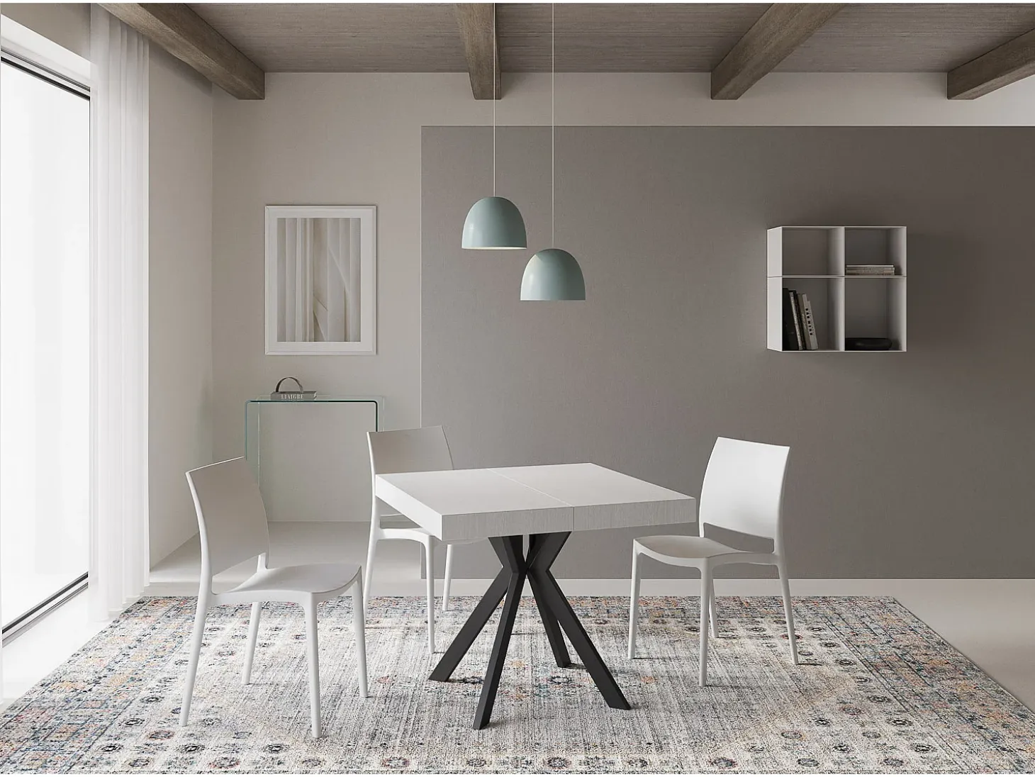 Mesa extensible 90/194x90 cm Dolcezza efecto madera fresno blanco patas antracita