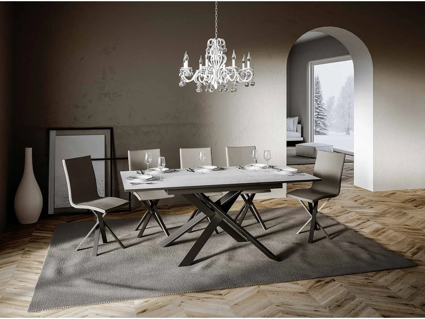 Mesa extensible 90x120/180 cm Ganty Fresno Blanco - Canto Antracita Estructura Antracita